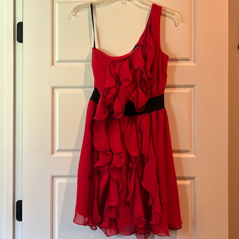 Red One Shoulder Dress with Vertical Ruffles and a Black Elastic Belt